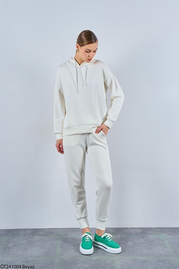 Kadın Beyaz Modal Marka Model Kumaş Kapişonlu Sweat Eşofman Takım - 3