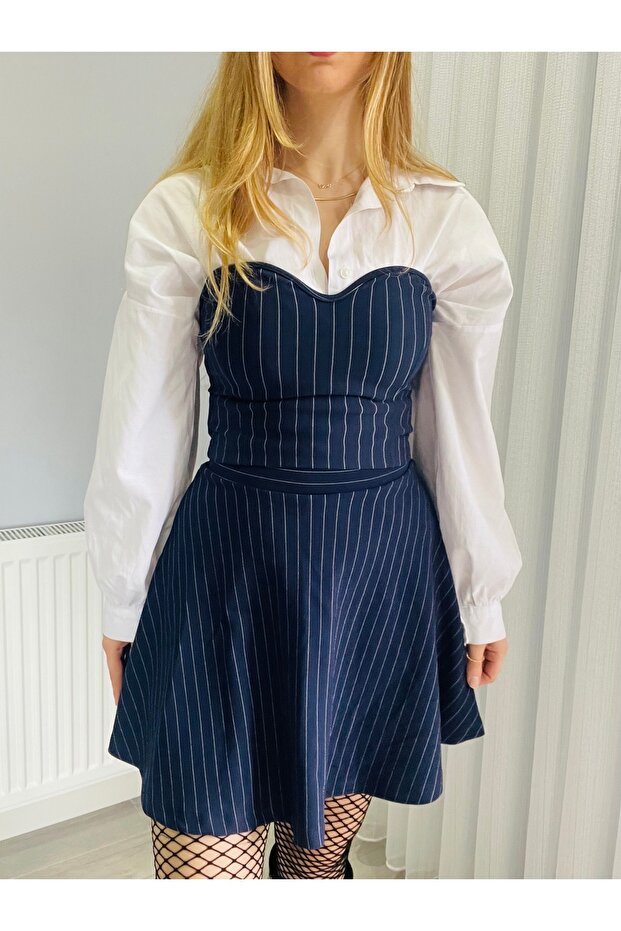 Navy Blue Striped Strapless Bustier Skirt Set