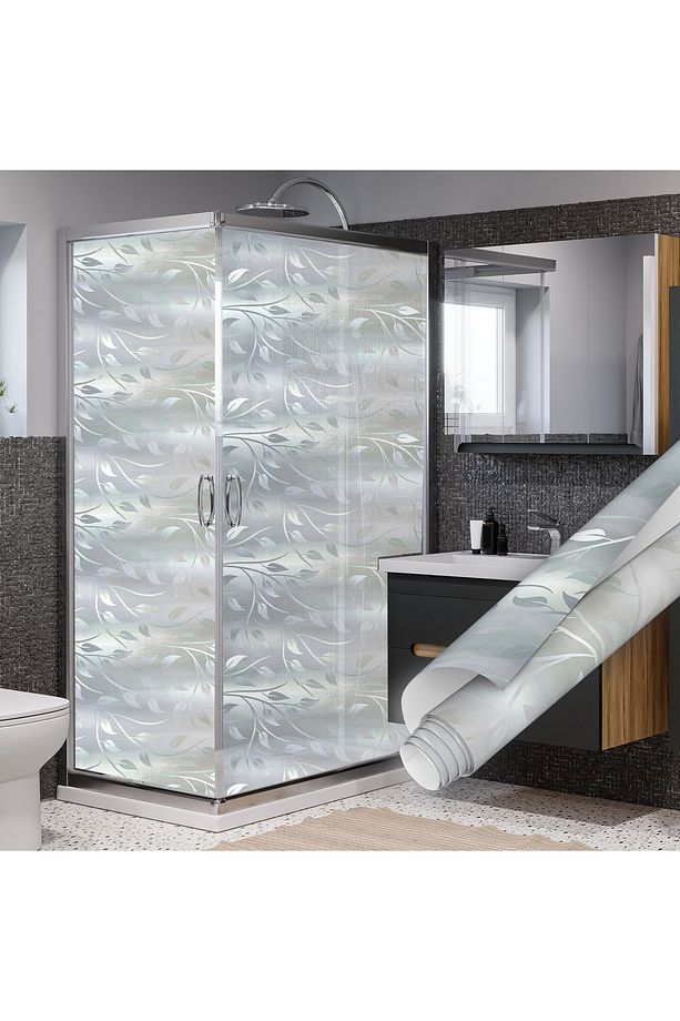 Yaprak Desenli Parlak Kendinden Yapışkanlı Folyo, Duşakabin, Mutfak, Banyo, Ofis Camı Kaplama 0924 - 8