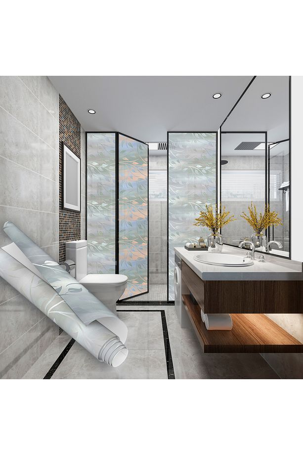 Yaprak Desenli Parlak Kendinden Yapışkanlı Folyo, Duşakabin, Mutfak, Banyo, Ofis Camı Kaplama 0924 - 7