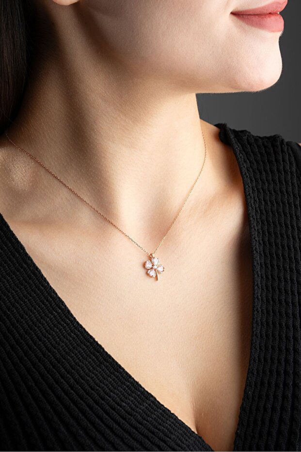 925 Ayar Gümüş Pembe Taşlı Dört Yapraklı Şans Yonca Kolye - 3