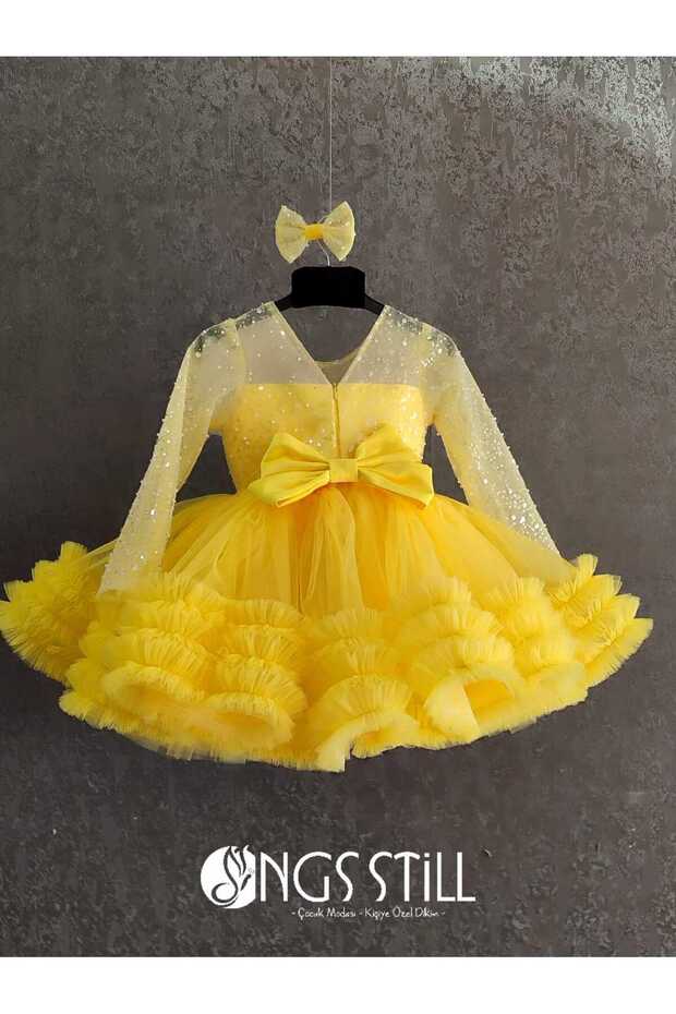 İnci Tül Kaplama Uzun Kol Grenli Tütü Etek Elbise - 3