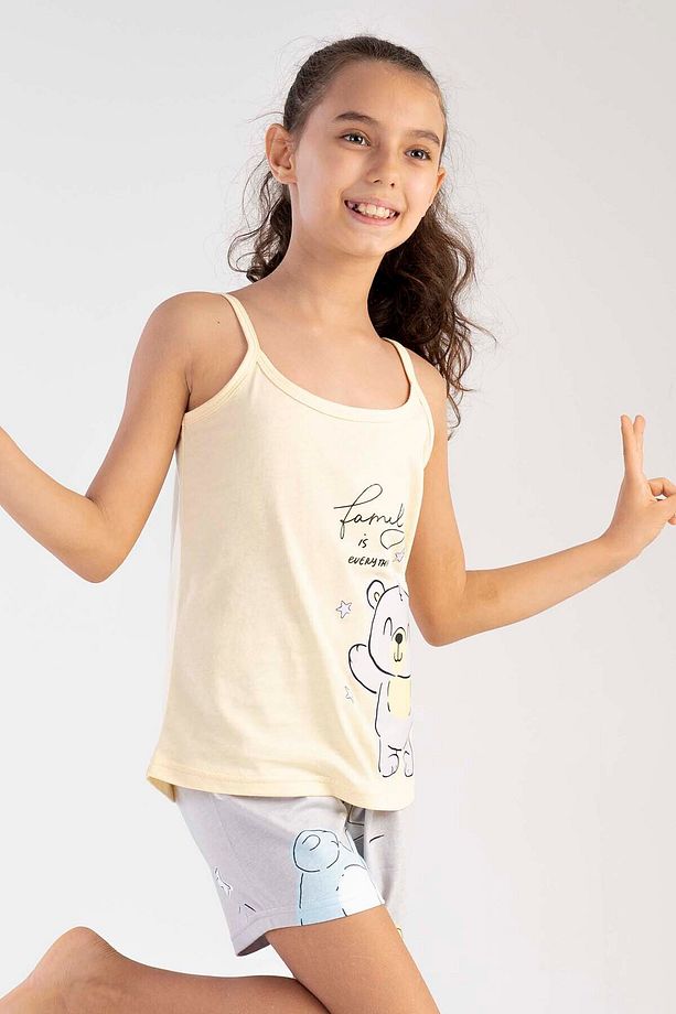 Pamuklu Kız Çocuk Ip Askılı Şortlu Pijama Takım - 2
