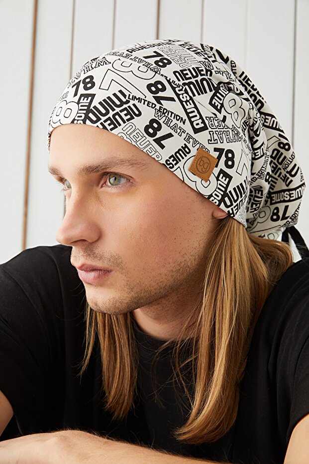 Men's White Black Patterned Rope Detailed 4 Season Hat Beanie Buff Ultra Soft Natural Combed Cotton