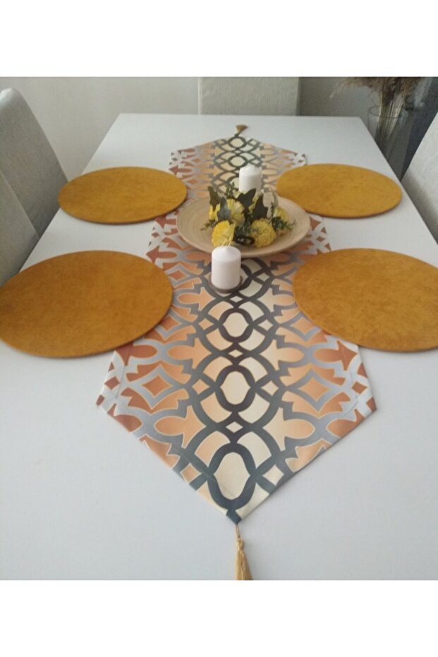 Gradient Ottoman Ottoman Patterned Runner & 4 Mustard Yellow Pads, - 3