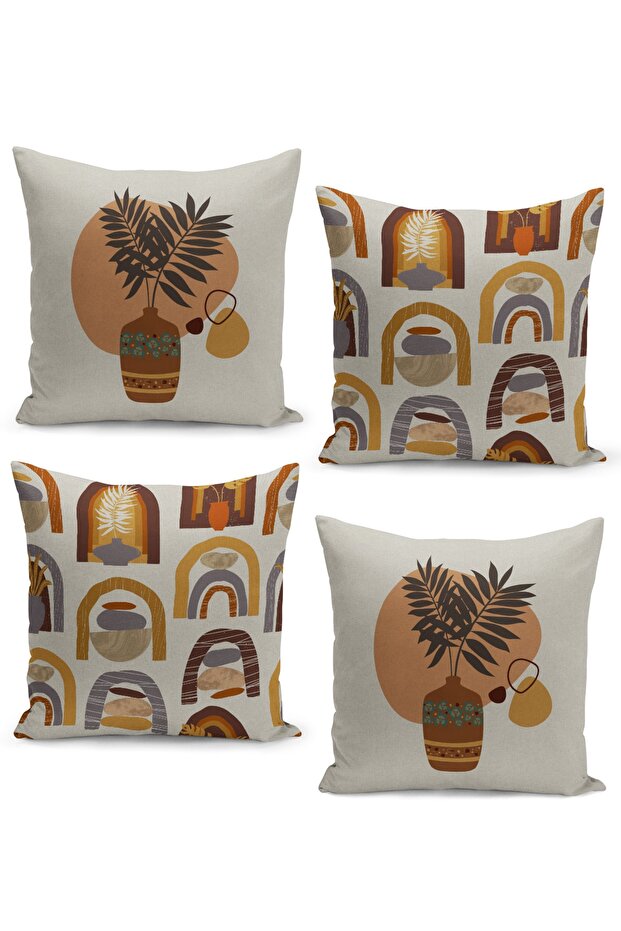4-Piece Throw Pillow Cover Set Linen Background View Tropical Plants and Natural Shapes