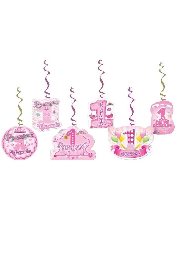 1 Year Old Themed Princess Concept 6-Piece 70 cm Double-Sided Pendant Lamp Ceiling Ornament with Happy Birthday Written