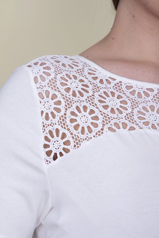 Women's Large Size Bone Robe Lace Detailed Blouse 65n25764 - 5