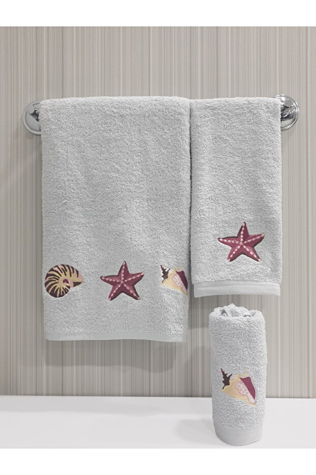 Starfish Embroidered 3 Piece Towel Set 30x50 / 40x60 / 50x90 Cm