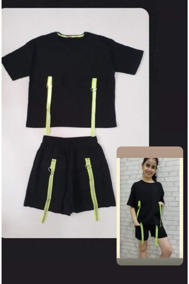 Black 4-Pocket Cotton Style Girl's T-Shirt Shorts Set