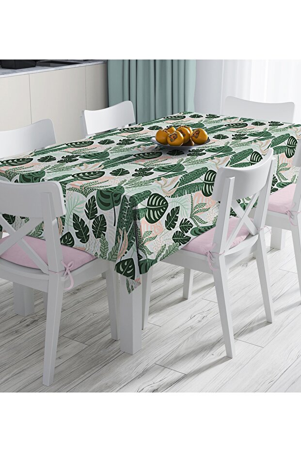 Dark Colored Leaf Patterned Digital Printed Tablecloth on Soft Colored Floor - 1
