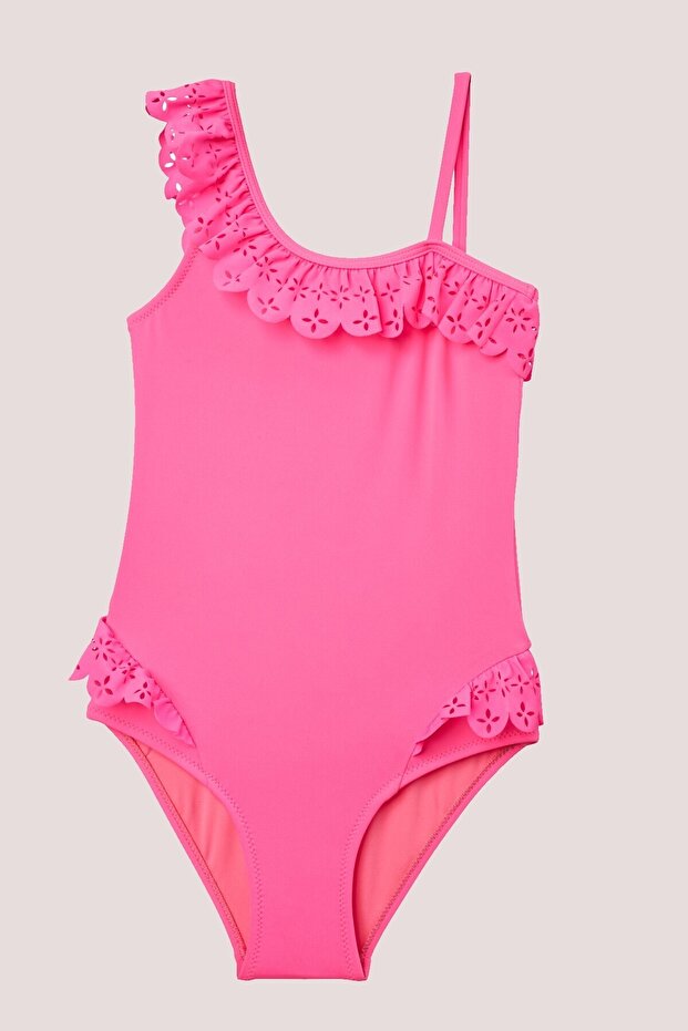Laser Cut One-Shoulder Pink Girl's Swimsuit