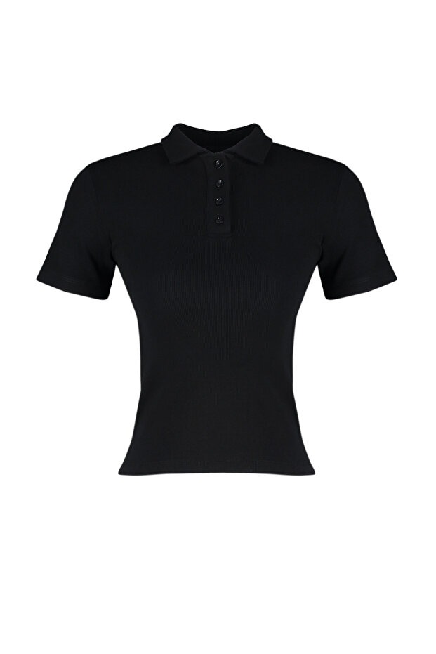 Siyah Polo Yaka Düğmeli Kısa Kol Esnek Fitilli Örme Bluz TWOSS24BZ00111 - 6