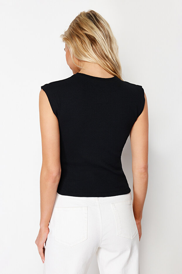 Siyah-Çok Renkli 2'li Paket Çizgili ve Düz Fitilli Crop Ay Kol Esnek Örme Bluz TWOSS24BZ00367 - 3