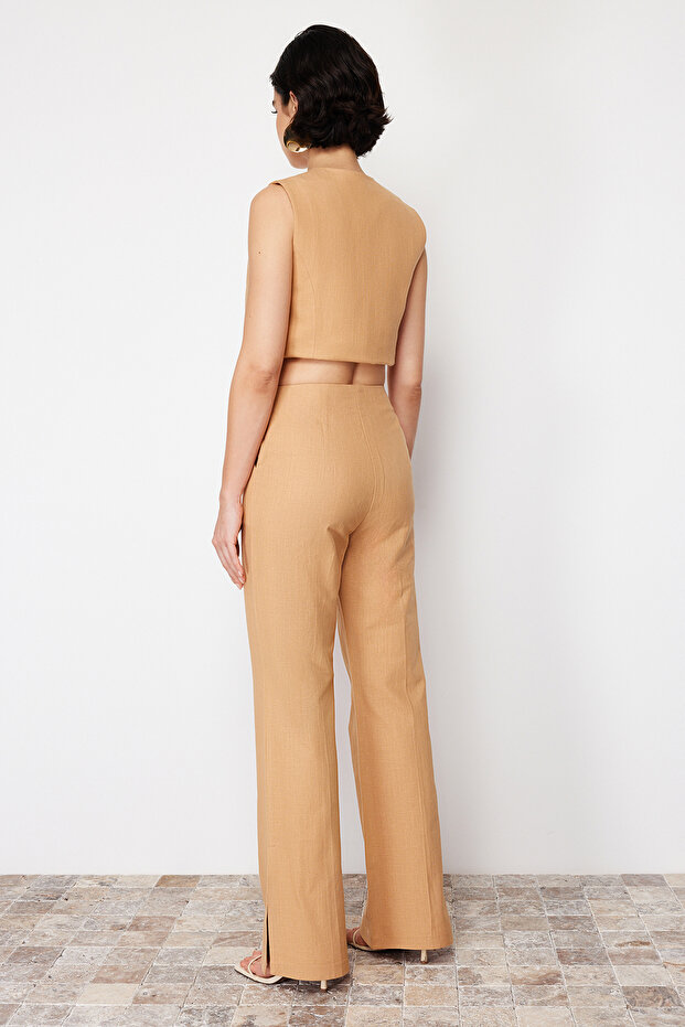 Camel Premium Straight/Düz Kesim Keten Dokuma Pantolon TWOSS24PL00079 - 7
