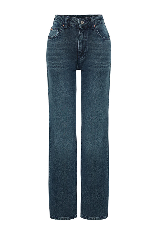 Koyu Mavi Soluk Efekt Vintage Yüksek Bel Wide Leg Geniş Paça %100 Pamuk Jeans TWOSS24JE00080 - 7