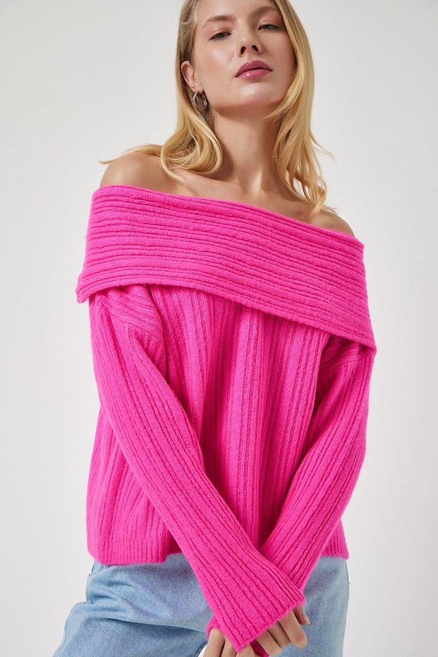 Women's Fuchsia Madonna Collar Knitwear Sweater PF00049
