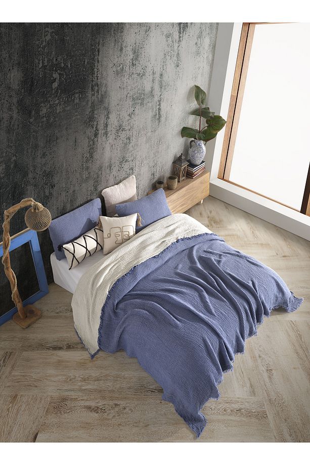 Indigo Mavi Tek Kişilik 160x240cm Yatak Örtüsü/1 Adet 50x70cm Yastık 4 Katlı Multi Muslin %100 Pamuk - 1