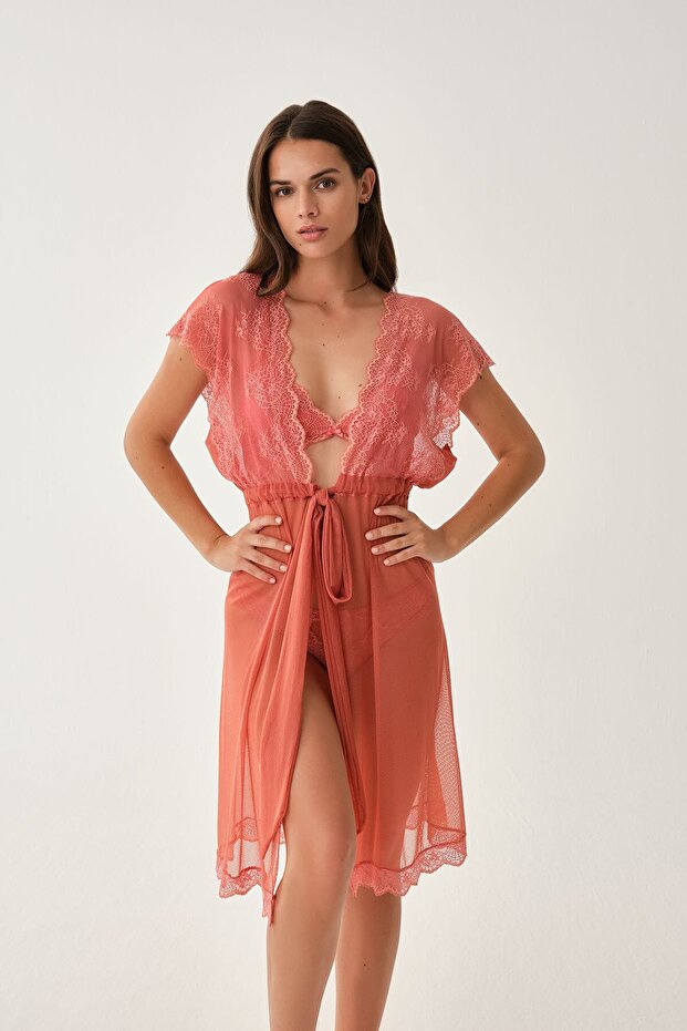 Kurzärmliger Morgenmantel mit Kachelmuster - 1