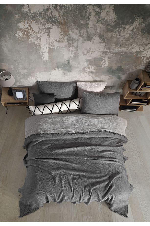 Antrasit Tek Kişilik 160 X 240cm Yatak Örtüsü/1 Adet 50x70cm Yastık 4 Katlı Multi Muslin %100 Pamuk - 3