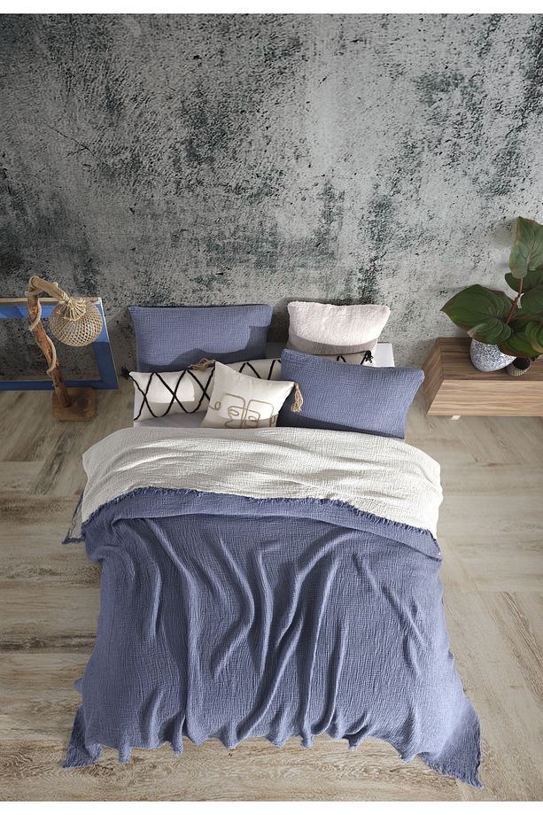 Indigo Mavi Tek Kişilik 160x240cm Yatak Örtüsü/1 Adet 50x70cm Yastık 4 Katlı Multi Muslin %100 Pamuk - 3