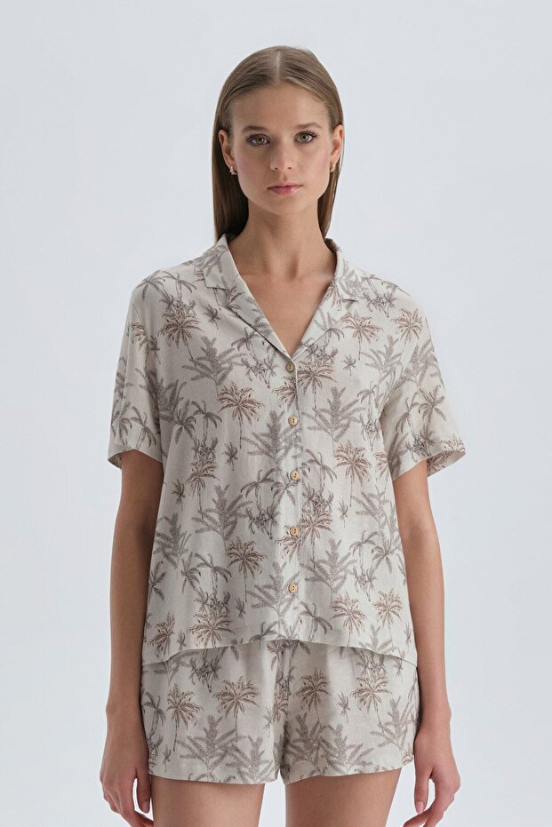 Beige Floral Linen Shirt