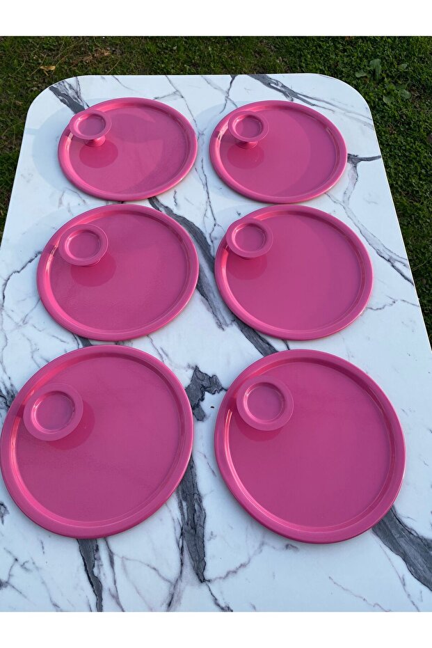 2 Model 6-Piece Pink Round Tray and 6-Piece Pink Macaron Holder Coffee and Pastry Serving Presentation Tray