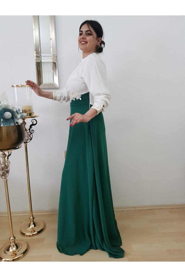 Women's Green Embroidered Chiffon Hijab Evening Dress FERGAN00002181