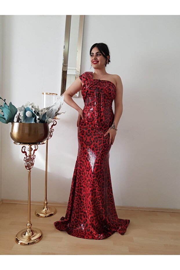 Women's Red Leopard Pattern Sequin Design Fish Evening Dress