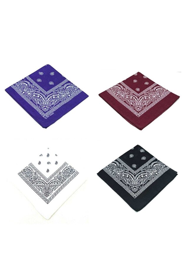 Unisex 4 Pieces Ethnic Patterned Cotton Bandana - Black Purple Claret Red White