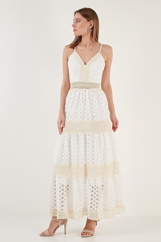 Pamuklu Güpürlü Ip Askılı Astarlı Anvelop Uzun Elbise Elbise 6532196 - 5