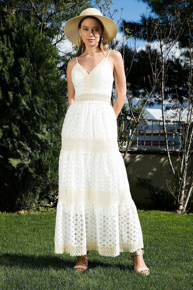 Pamuklu Güpürlü Ip Askılı Astarlı Anvelop Uzun Elbise Elbise 6532196 - 2