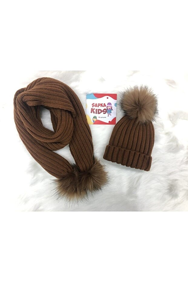 Children's Tan Pompom Knitwear Scarf Beanie Set