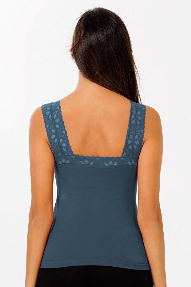 Kobieta Kołnierzyk i ramiączka Koronkowa bawełniana koszulka PETROLMAVİSİ - 3