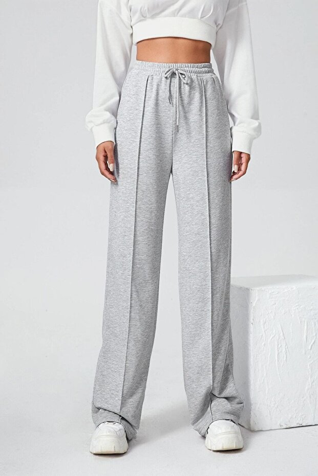 Women's Gray Two Thread Striped Wide Leg Sweatpants