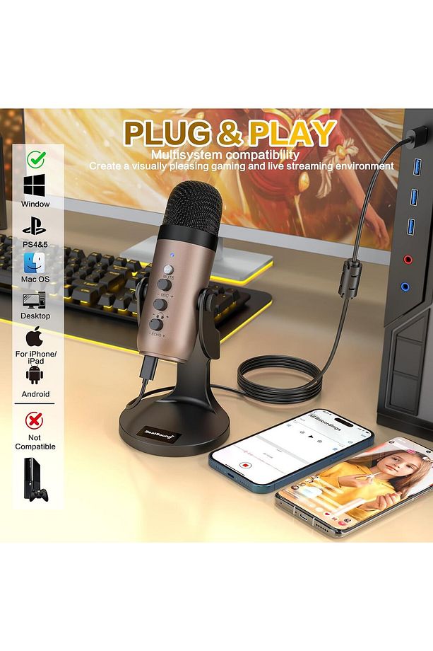 K66 Gold USB Mikrofon: Podcast, Oyun, Akış - Gürültü Önleme, Sessiz Mod, Mac ve Windows Uyumlu - 2