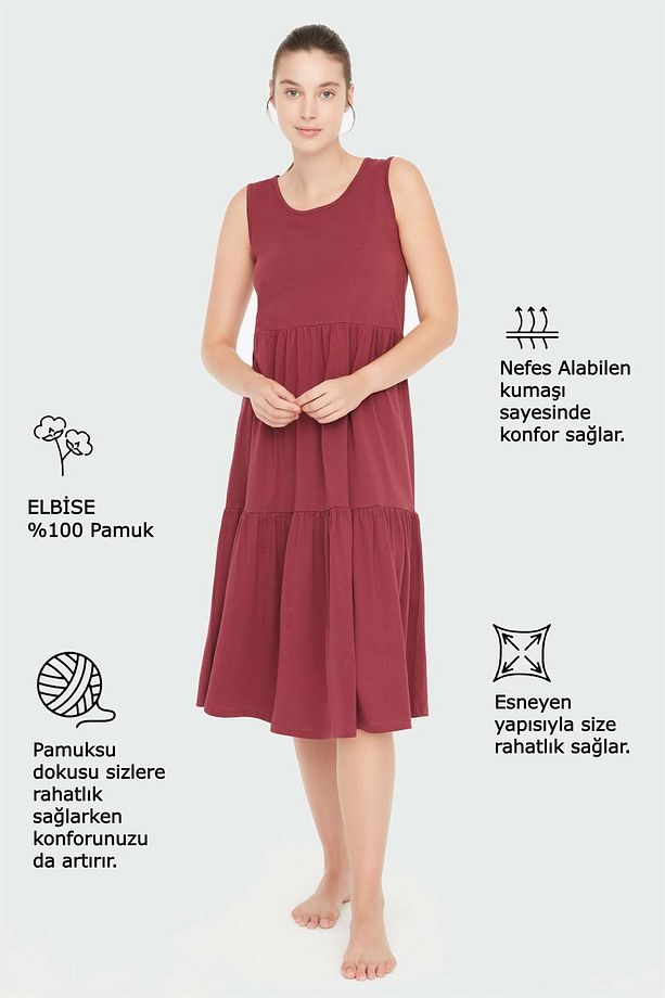 Kadın Sıfır Kol Mürdüm Elbise 3c8t8n4 - 4