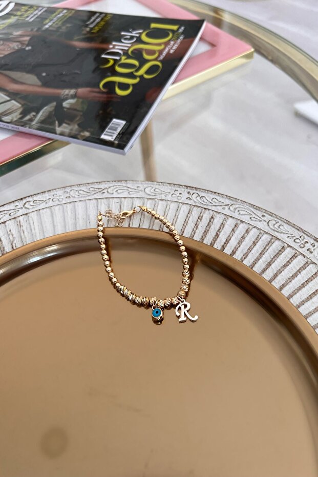 Dorica Bracelet with Letter R and Evil Eye Hanging