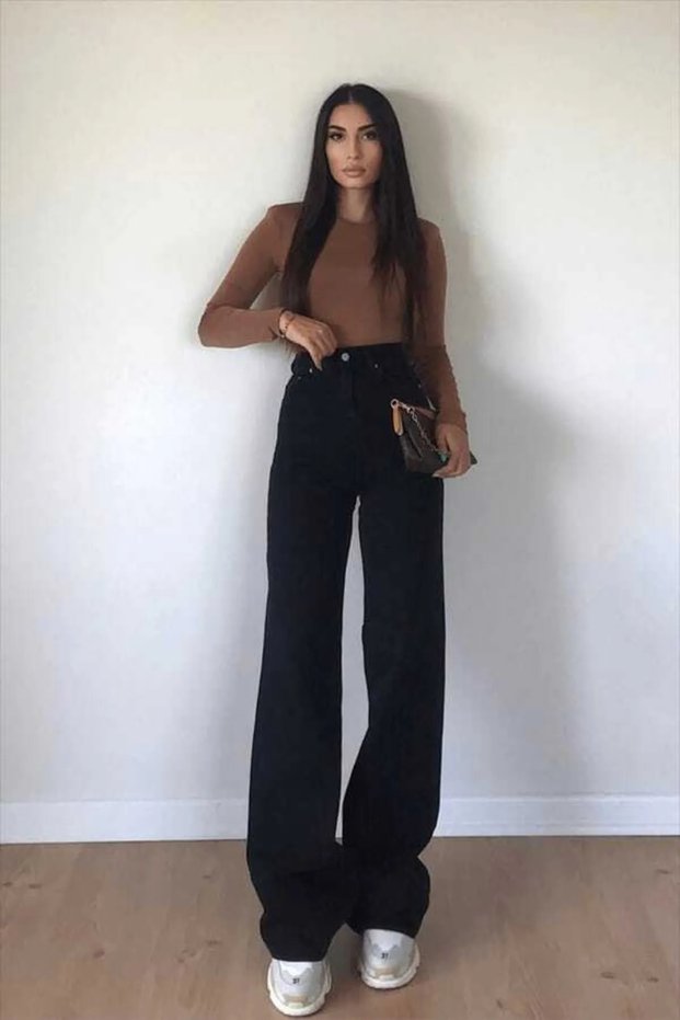 Big Bear Girl's Black Lycra Super High Waist Loose Leg Jeans