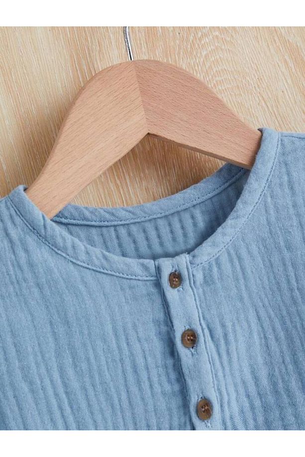 Unisex Bebek&Çocuk %100 Pamuklu Düğmeli Müslin Alt Üst Şort Takım-Mavi - 3