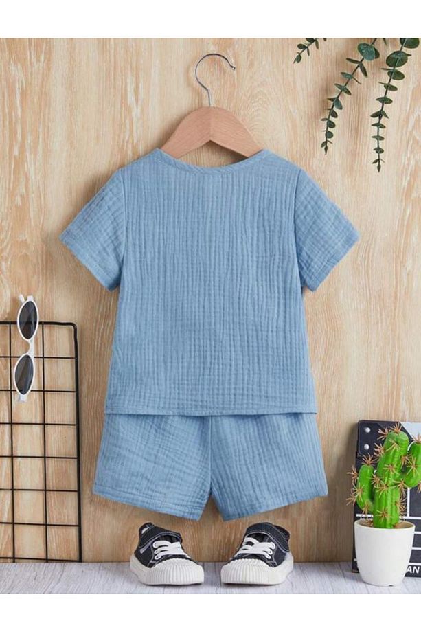 Unisex Bebek&Çocuk %100 Pamuklu Düğmeli Müslin Alt Üst Şort Takım-Mavi - 2