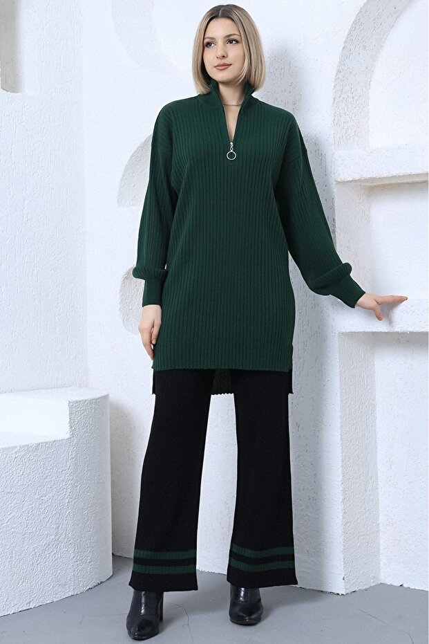 Women's Emerald Black Corded Comfortable Balloon Sleeve Knitwear Tunic Pants Bottom-Top Set