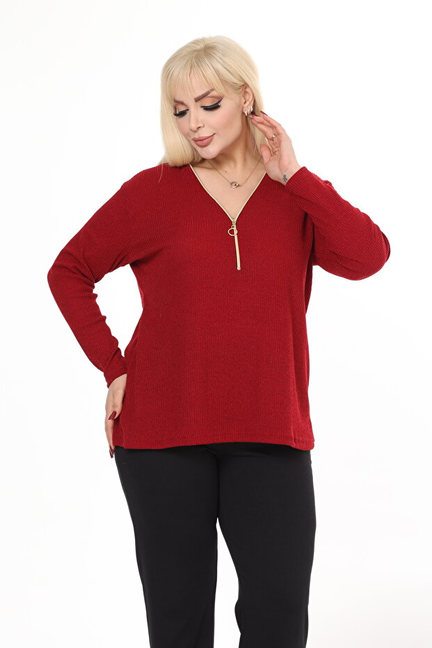 Claret Red V-Neck Zippered Knitwear Large Size Sweater