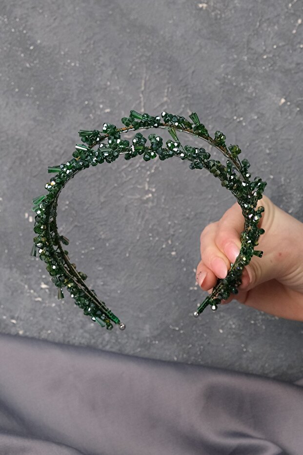 Green Talya Double Row Beaded Bridal Henna Crown