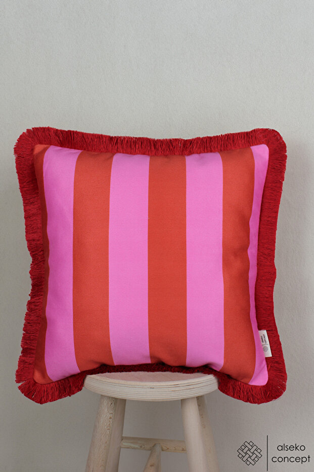 Red-Pink Stripe Patterned Tasseled Decorative 43x43cm Square Throw Pillow Case - 1