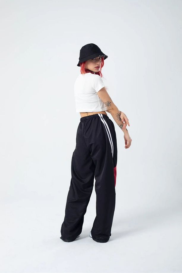 Y2k Line Detail Bol Paça Unisex Paraşüt Eşofman Altı - 6
