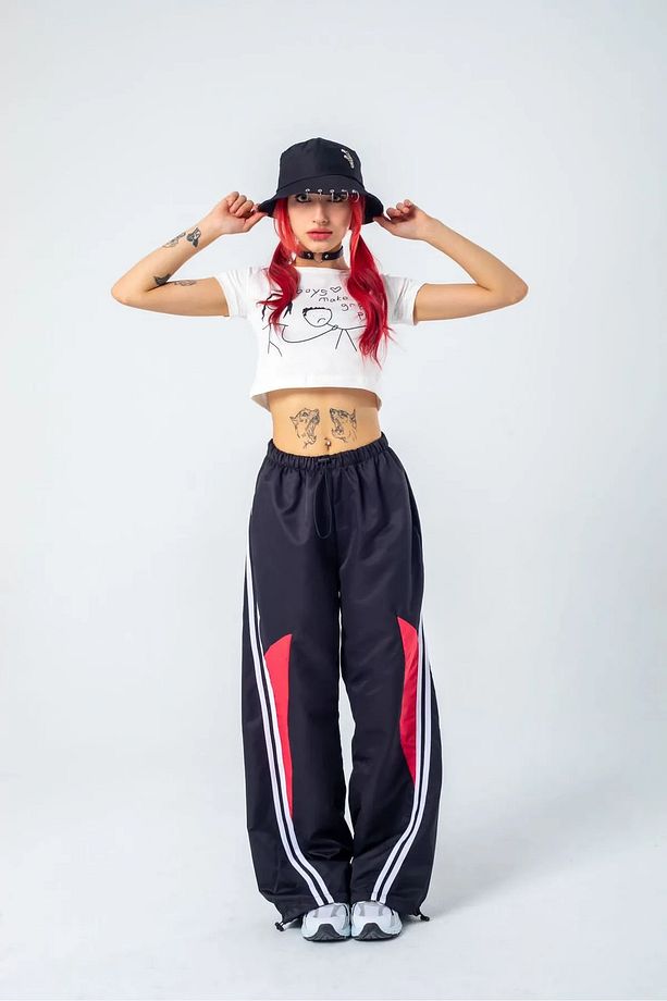 Y2k Line Detail Bol Paça Unisex Paraşüt Eşofman Altı - 5