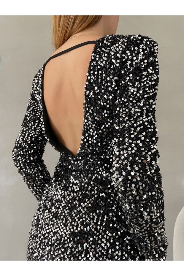 Women's Long Sleeve Sequin Fabric Backless Slim Fit Short Evening Dress Silver