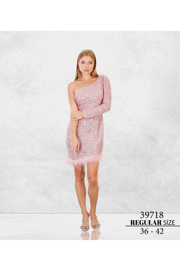 Payetli Pullu Mini Abiye Elbise - 1