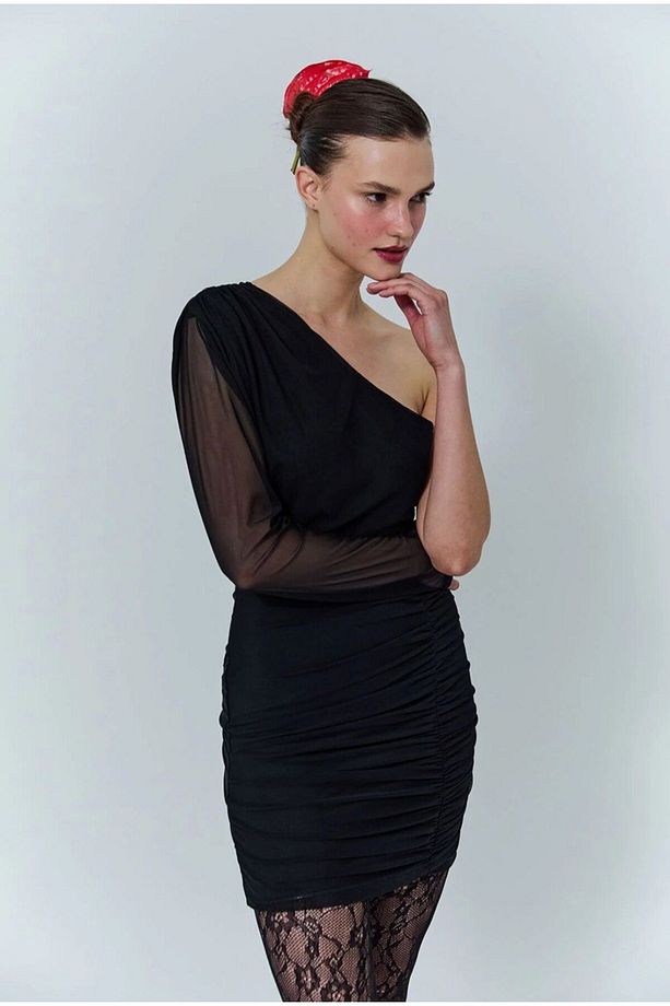 Drape Detaylı Tek Omuz Mini Elbise Siyah - 5